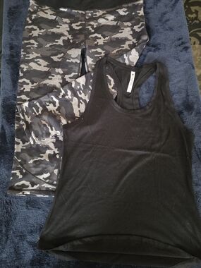 Fabletics Black Tank Top with Black & Gray Camouflage Leggings
